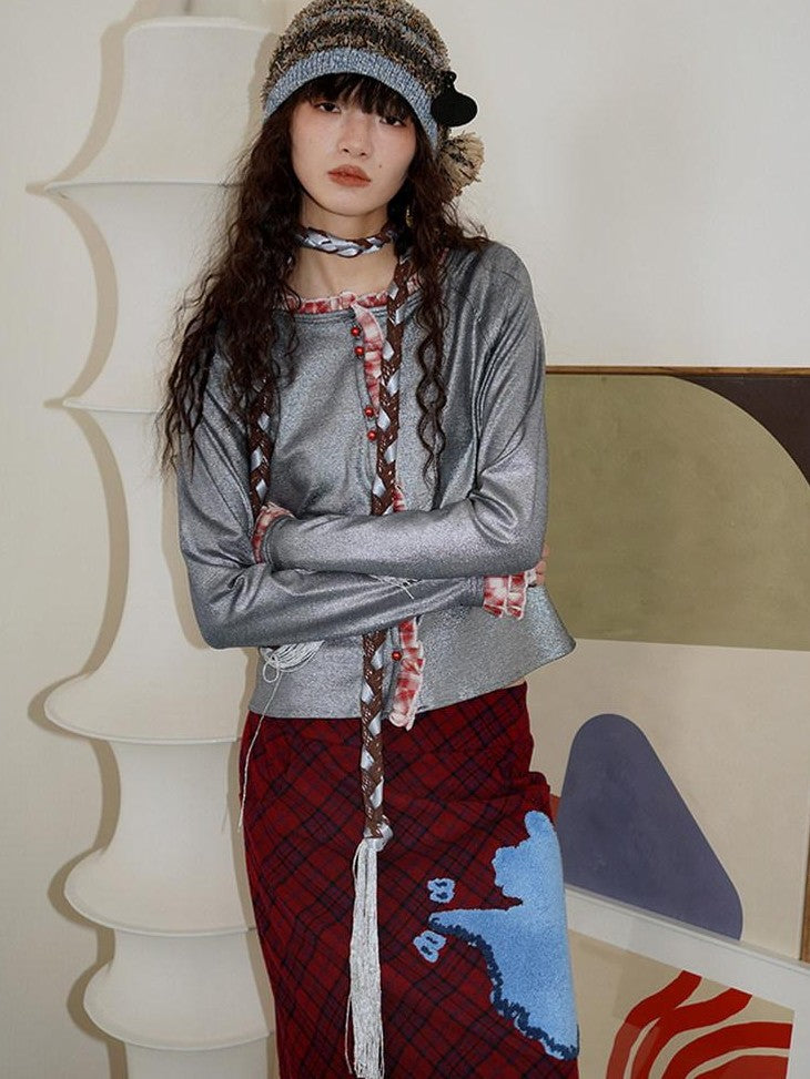 badtaste Vintage Plaid Highland Embroidered Women's Wool Tweed Midi Skirts