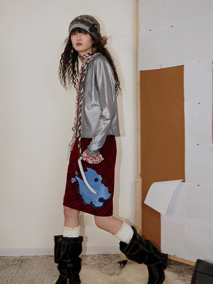 badtaste Vintage Plaid Highland Embroidered Women's Wool Tweed Midi Skirts