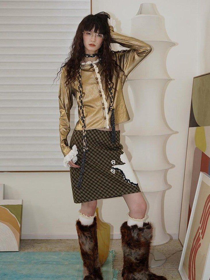badtaste Vintage Plaid Highland Embroidered Women's Wool Tweed Midi Skirts
