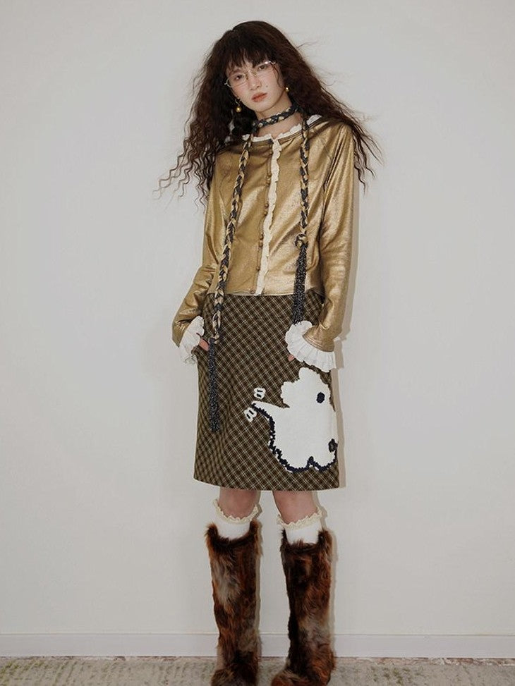 badtaste Vintage Plaid Highland Embroidered Women's Wool Tweed Midi Skirts