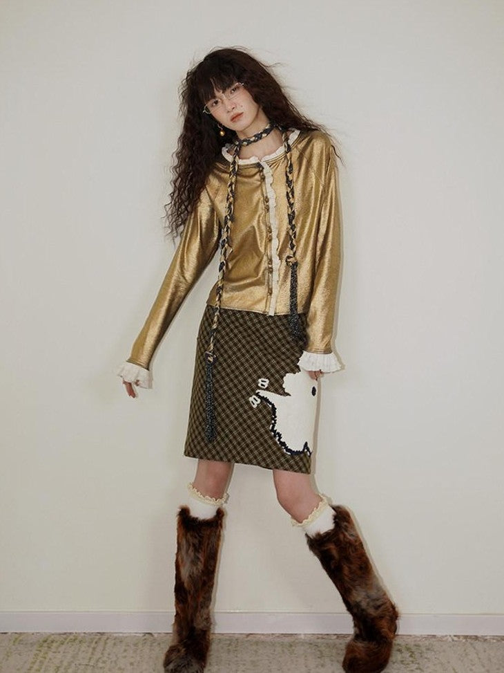 badtaste Vintage Plaid Highland Embroidered Women's Wool Tweed Midi Skirts