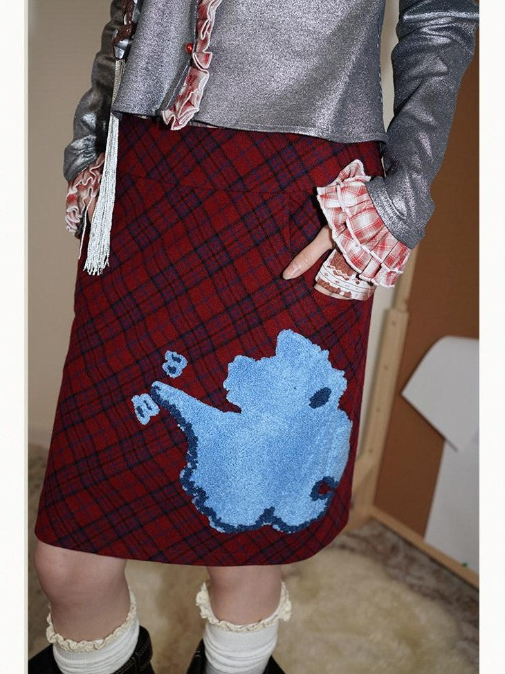 badtaste Vintage Plaid Highland Embroidered Women's Wool Tweed Midi Skirts