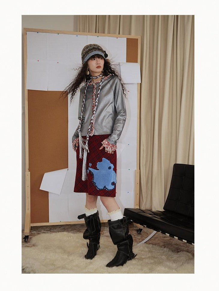 badtaste Vintage Plaid Highland Embroidered Women's Wool Tweed Midi Skirts