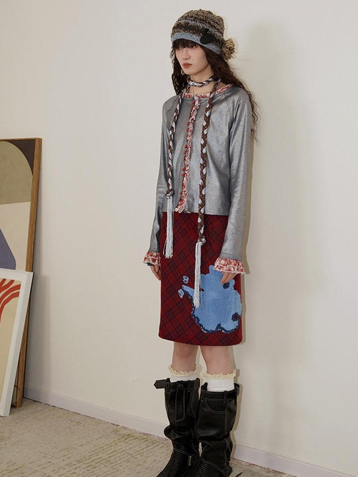 badtaste Vintage Plaid Highland Embroidered Women's Wool Tweed Midi Skirts