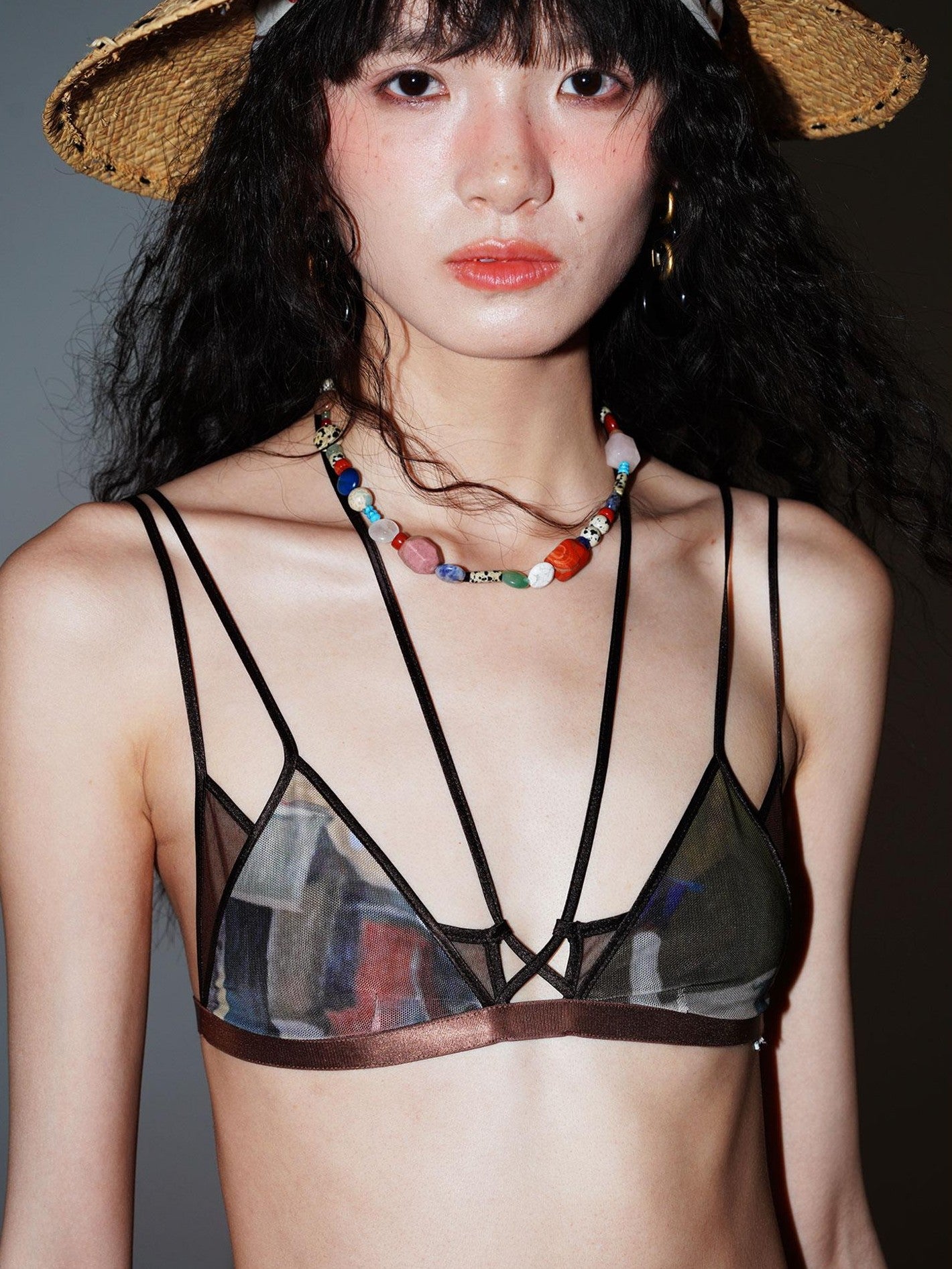 badtaste Vintage Print Layered V-neck Bustier Women's Mesh Halter Bikinis