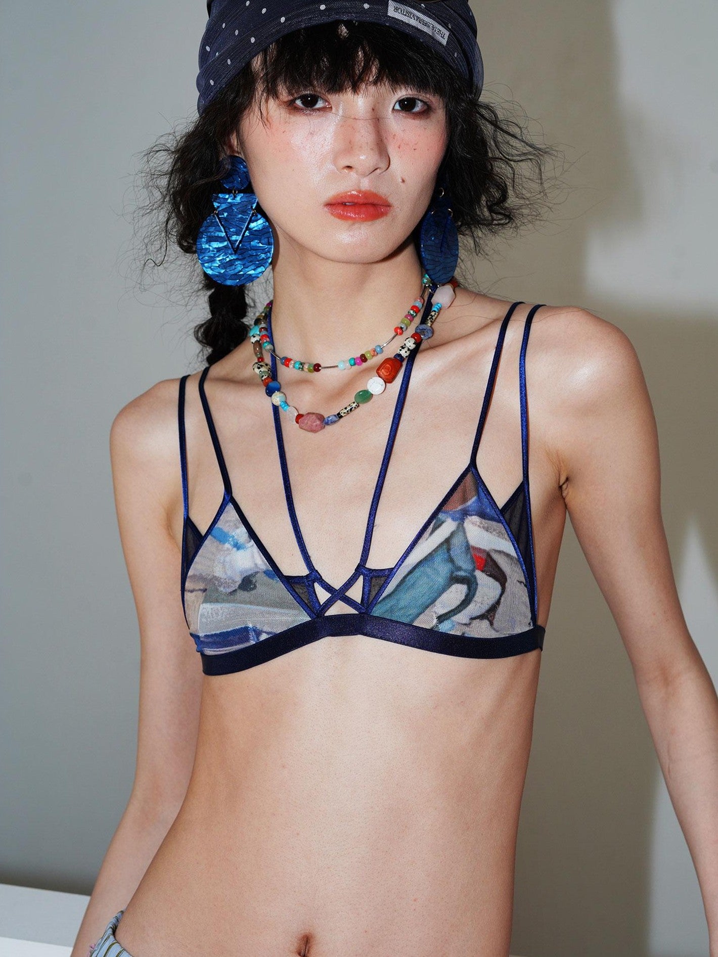 badtaste Vintage Print Layered V-neck Bustier Women's Mesh Halter Bikinis