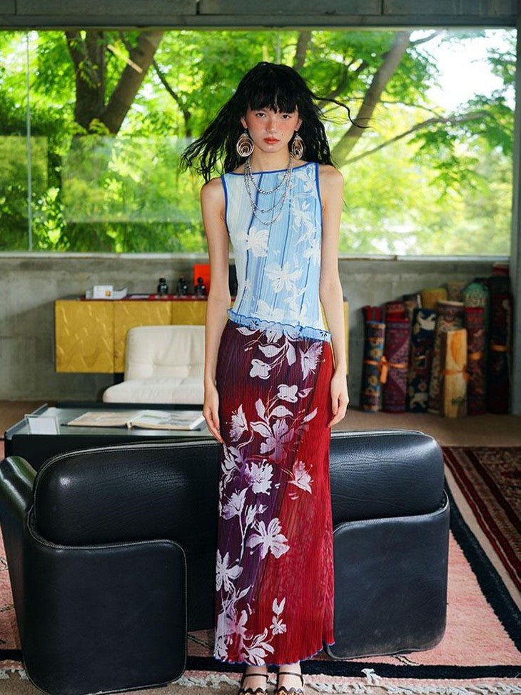 badtaste Vintage Print Pleated Open Back Women's Stretch Knit Casual Maxi Dresses