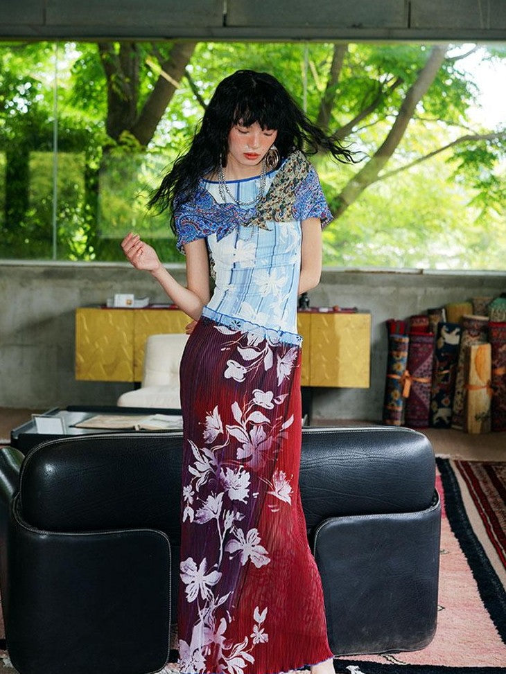 badtaste Vintage Print Pleated Open Back Women's Stretch Knit Casual Maxi Dresses