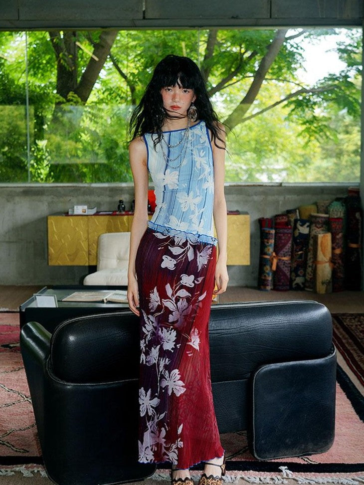 badtaste Vintage Print Pleated Open Back Women's Stretch Knit Casual Maxi Dresses