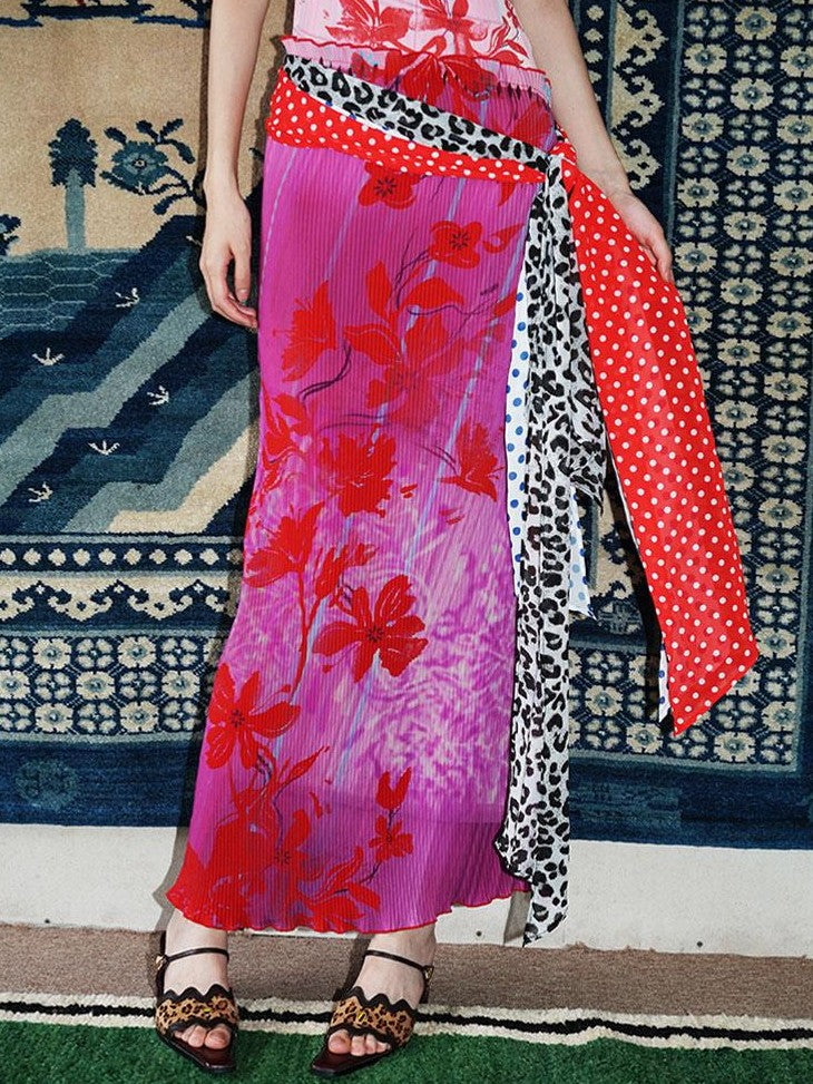 badtaste Vintage Print Pleated Open Back Women's Stretch Knit Casual Maxi Dresses