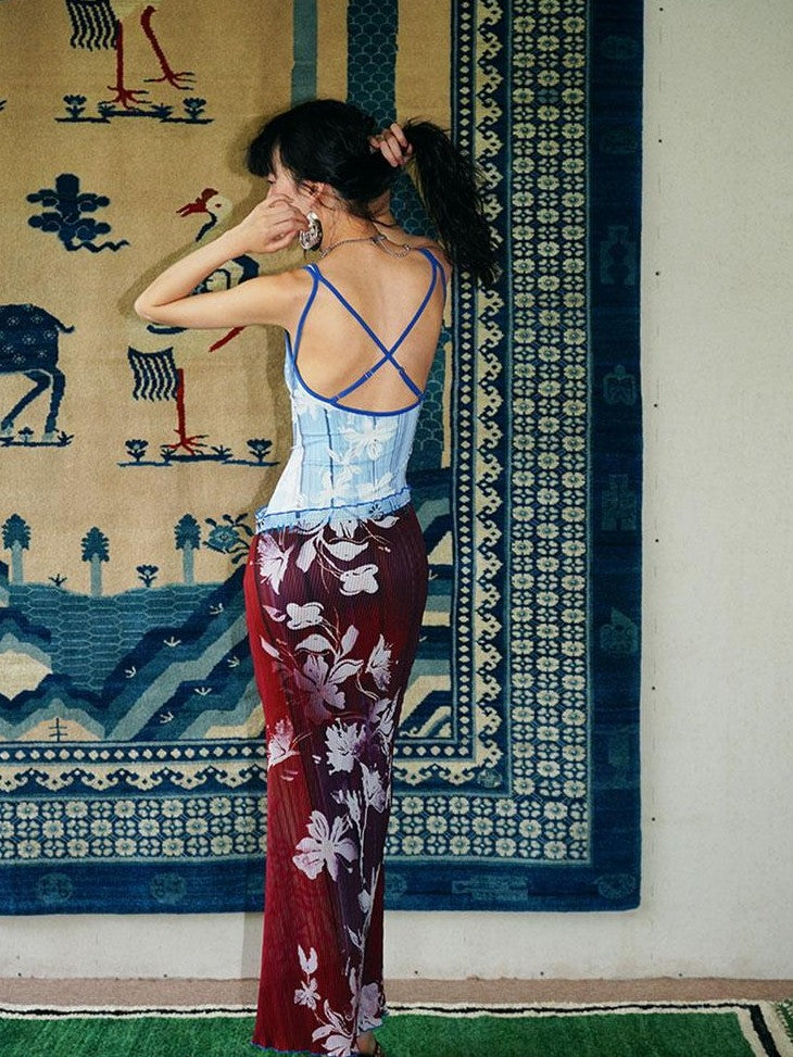 badtaste Vintage Print Pleated Open Back Women's Stretch Knit Casual Maxi Dresses