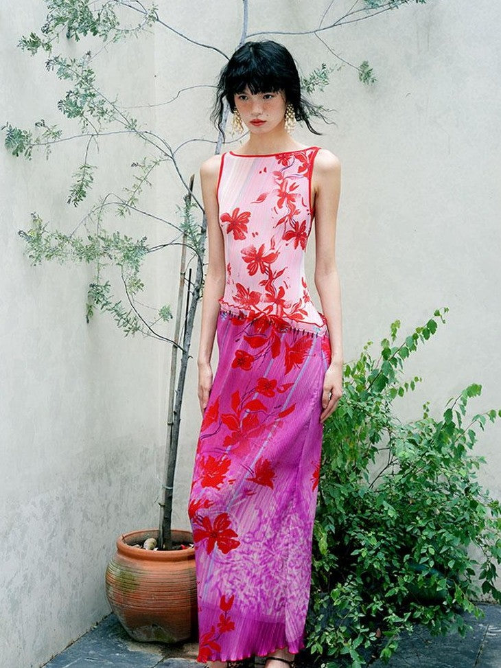 badtaste Vintage Print Pleated Open Back Women's Stretch Knit Casual Maxi Dresses