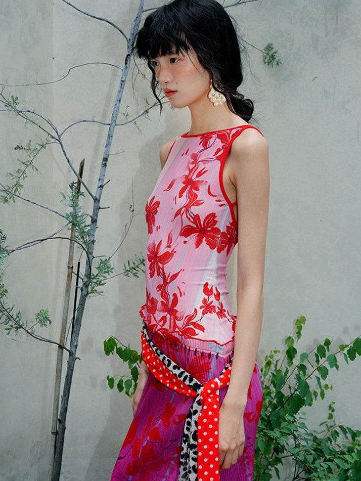 badtaste Vintage Print Pleated Open Back Women's Stretch Knit Casual Maxi Dresses