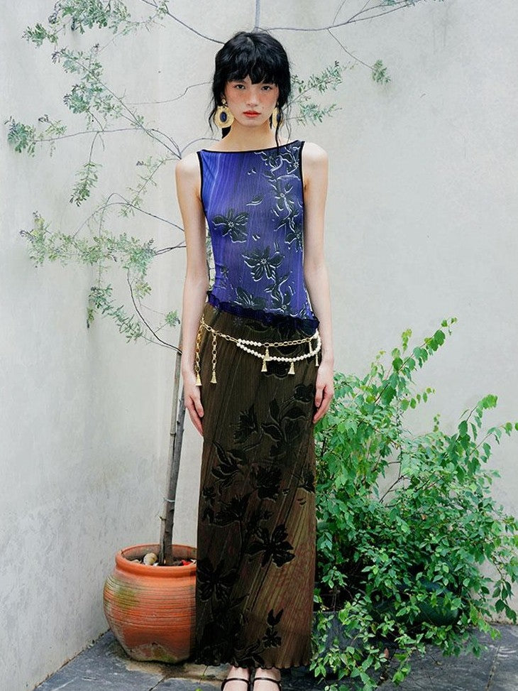 badtaste Vintage Print Pleated Open Back Women's Stretch Knit Casual Maxi Dresses