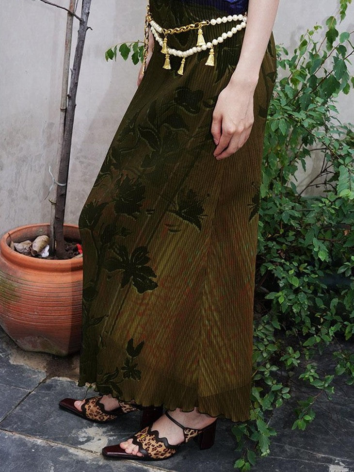 badtaste Vintage Print Pleated Open Back Women's Stretch Knit Casual Maxi Dresses