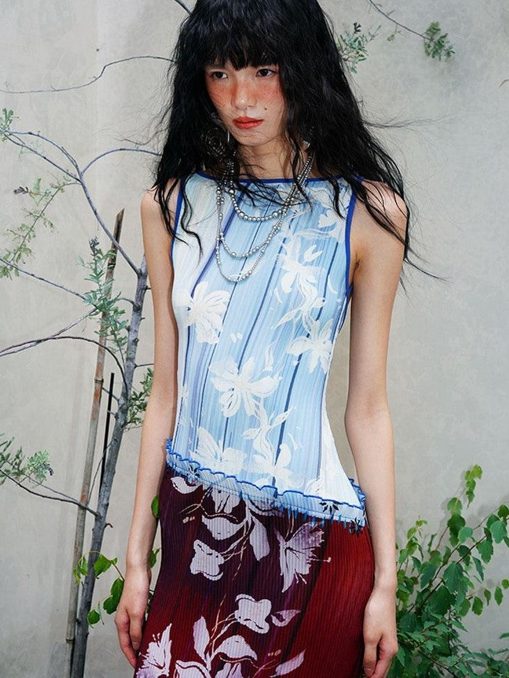 badtaste Vintage Print Pleated Open Back Women's Stretch Knit Casual Maxi Dresses