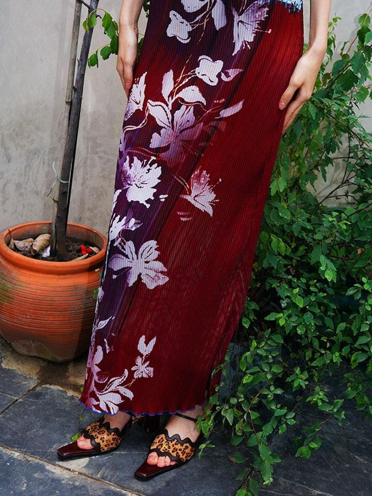 badtaste Vintage Print Pleated Open Back Women's Stretch Knit Casual Maxi Dresses
