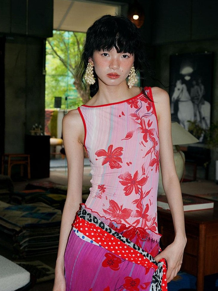 badtaste Vintage Print Pleated Open Back Women's Stretch Knit Casual Maxi Dresses