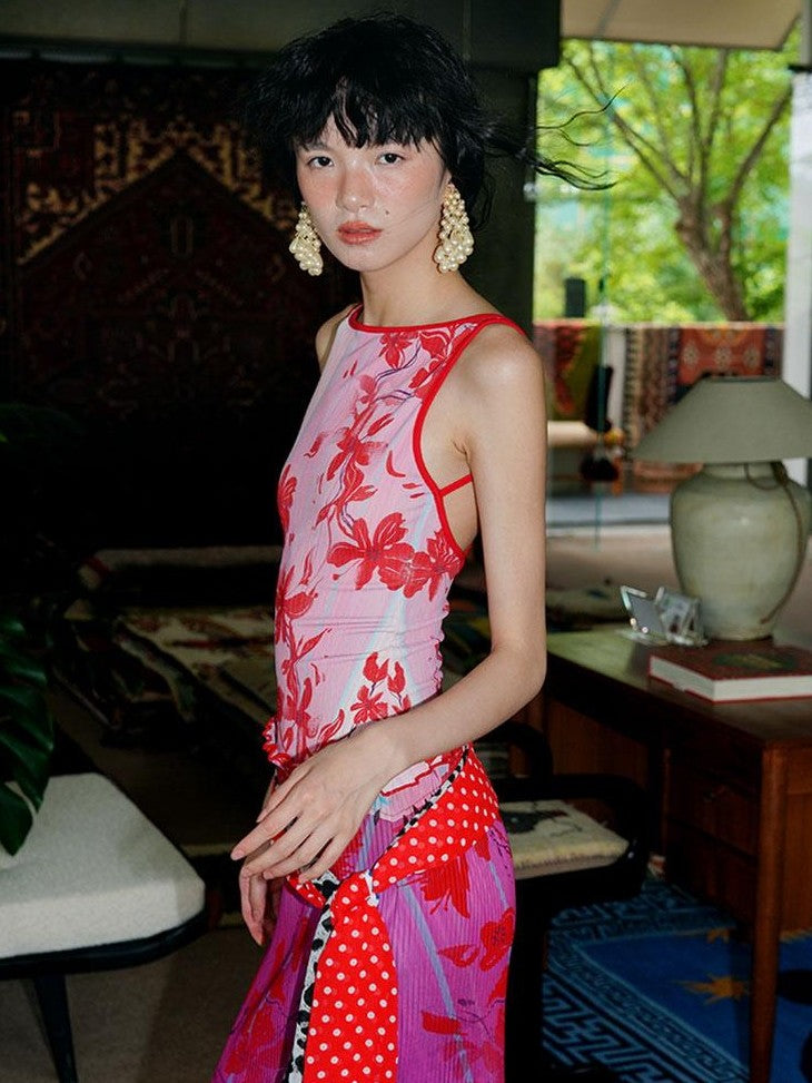 badtaste Vintage Print Pleated Open Back Women's Stretch Knit Casual Maxi Dresses