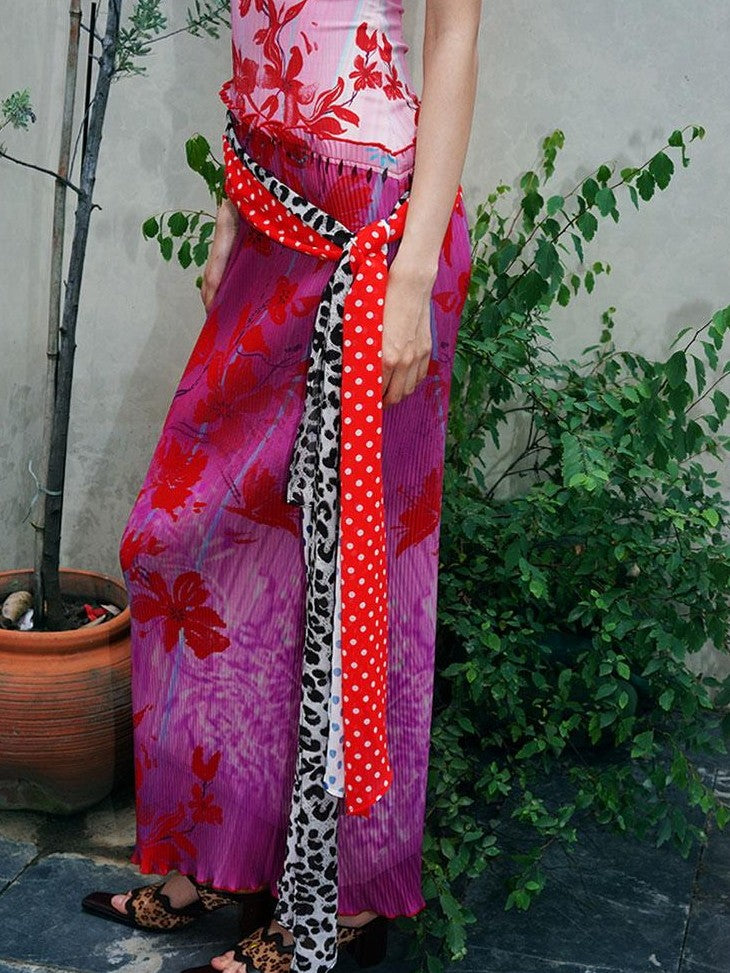badtaste Vintage Print Pleated Open Back Women's Stretch Knit Casual Maxi Dresses