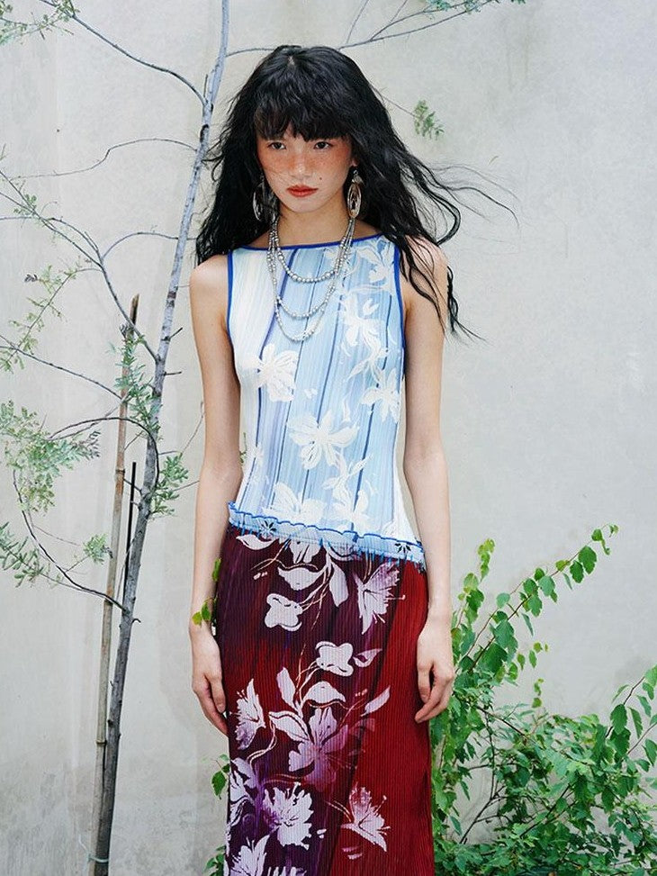 badtaste Vintage Print Pleated Open Back Women's Stretch Knit Casual Maxi Dresses