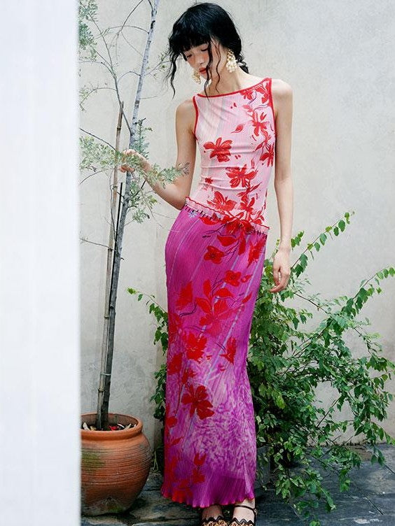 badtaste Vintage Print Pleated Open Back Women's Stretch Knit Casual Maxi Dresses