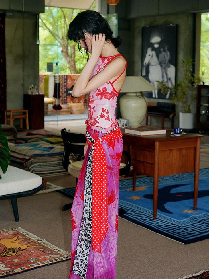 badtaste Vintage Print Pleated Open Back Women's Stretch Knit Casual Maxi Dresses