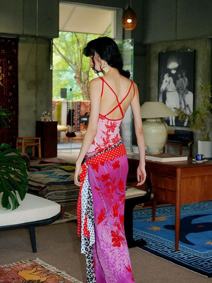 badtaste Vintage Print Pleated Open Back Women's Stretch Knit Casual Maxi Dresses