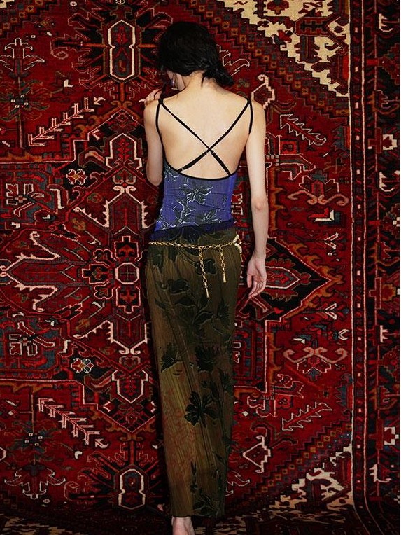 badtaste Vintage Print Pleated Open Back Women's Stretch Knit Casual Maxi Dresses