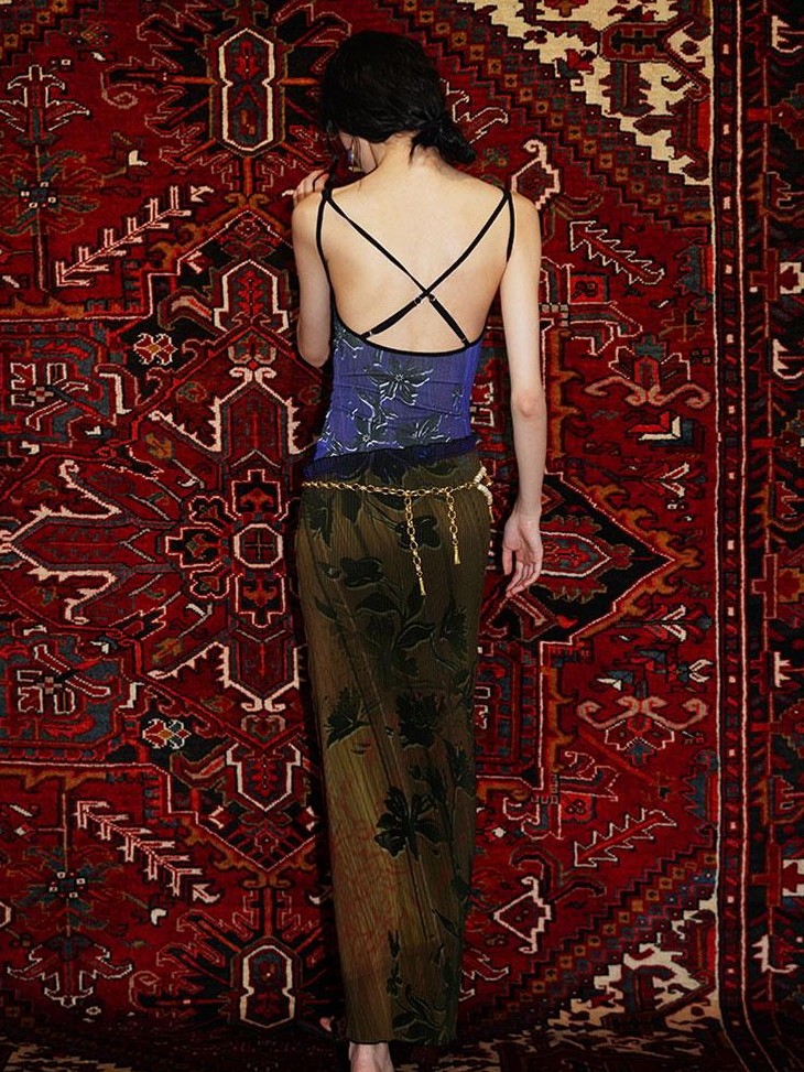 badtaste Vintage Print Pleated Open Back Women's Stretch Knit Casual Maxi Dresses