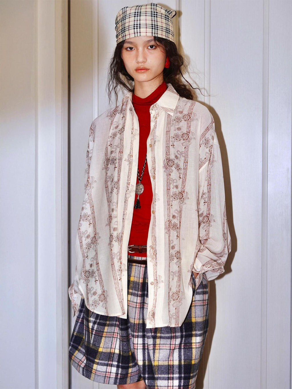 badtaste Vintage Printed Pleated Long Sleeve Semi Sheer Women's Oversized Shirts