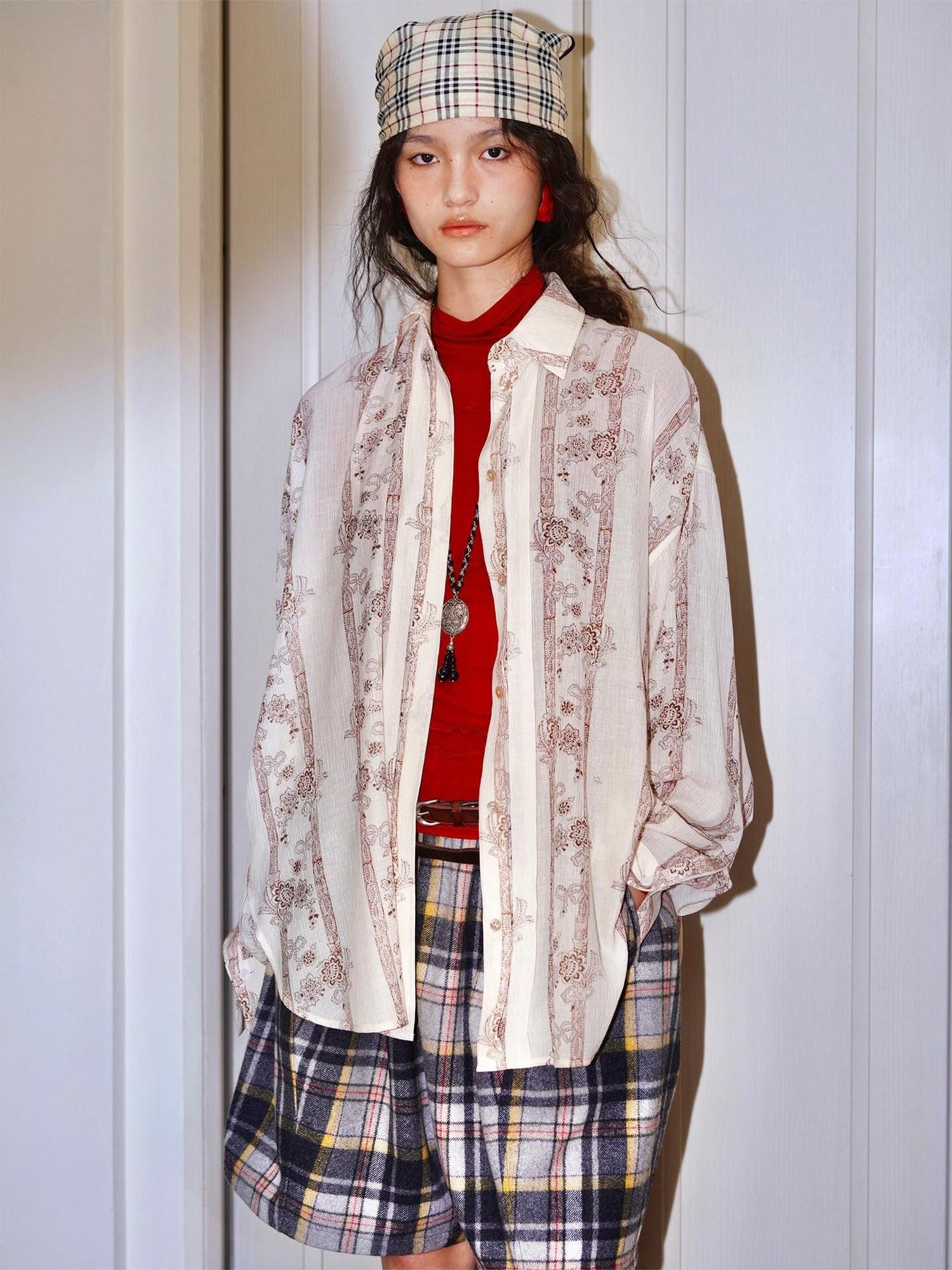 badtaste Vintage Printed Pleated Long Sleeve Semi Sheer Women's Oversized Shirts