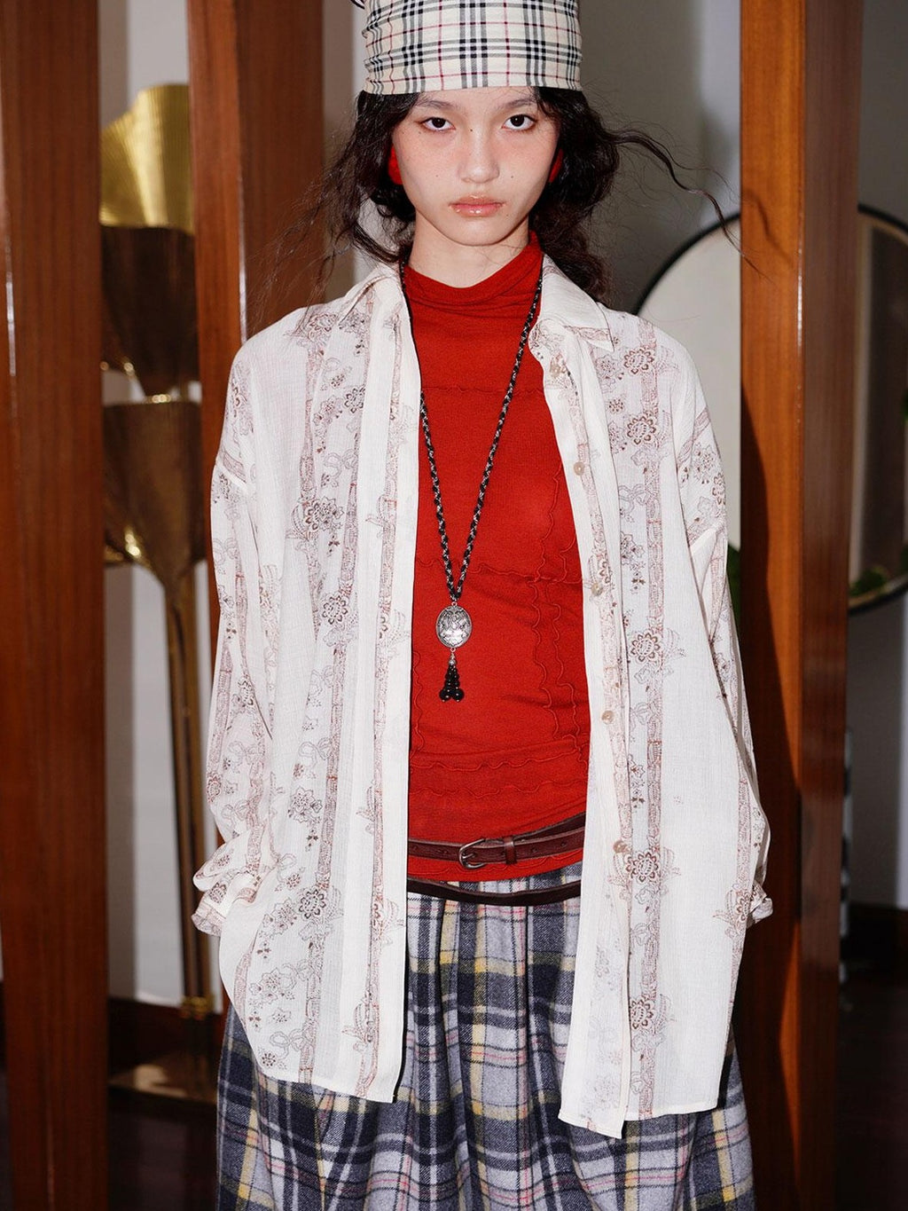 badtaste Vintage Printed Pleated Long Sleeve Semi Sheer Women's Oversized Shirts