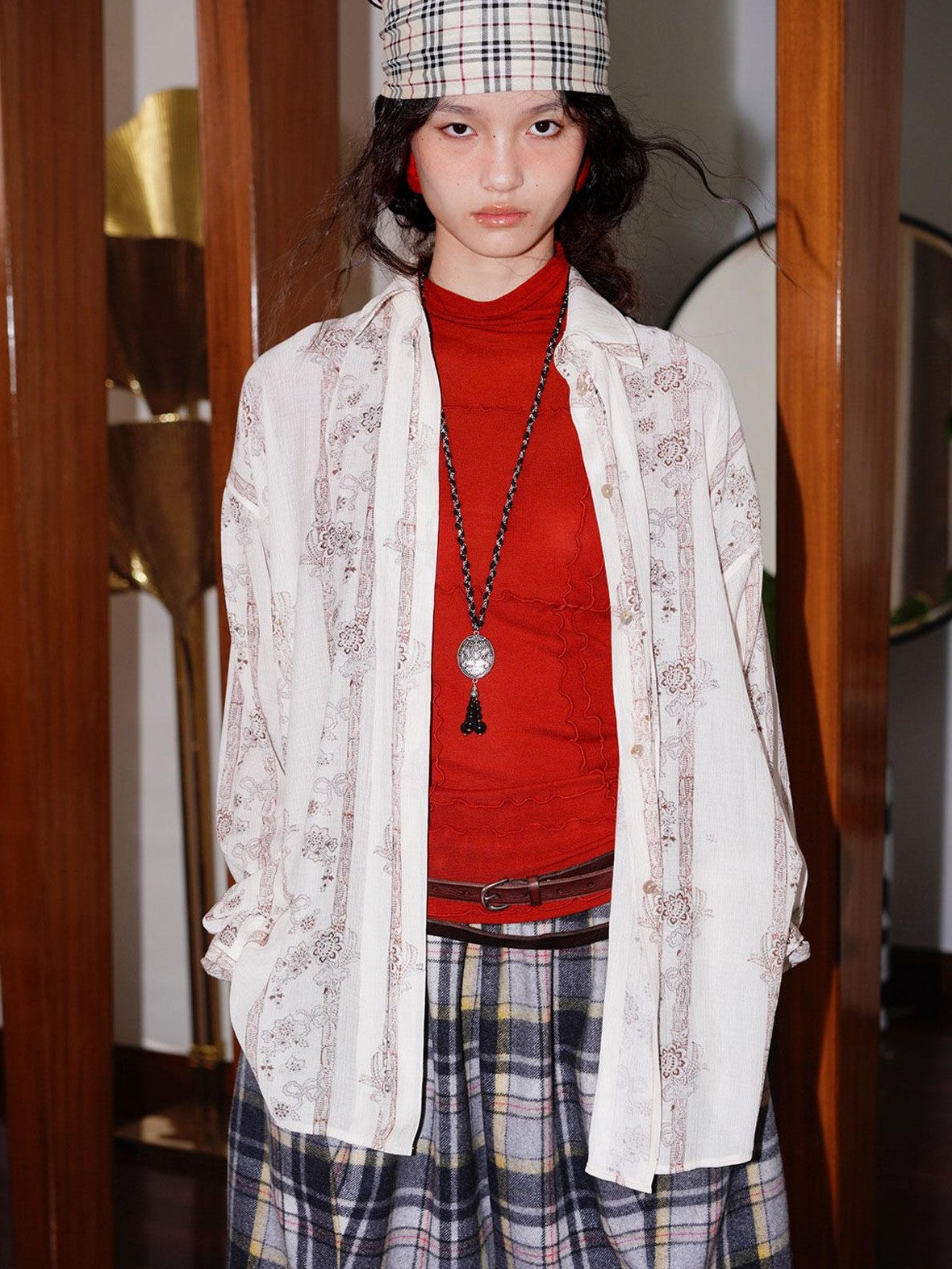 badtaste Vintage Printed Pleated Long Sleeve Semi Sheer Women's Oversized Shirts