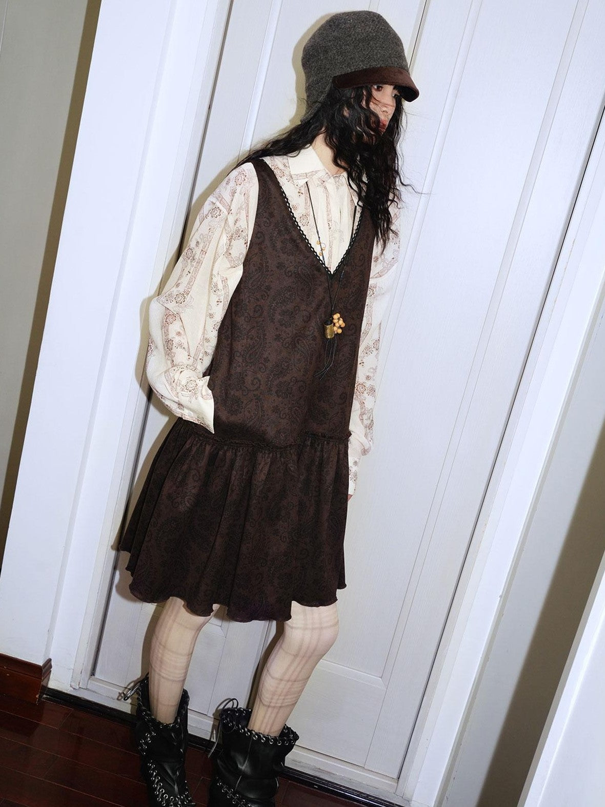badtaste Vintage Printed Pleated Long Sleeve Semi Sheer Women's Oversized Shirts