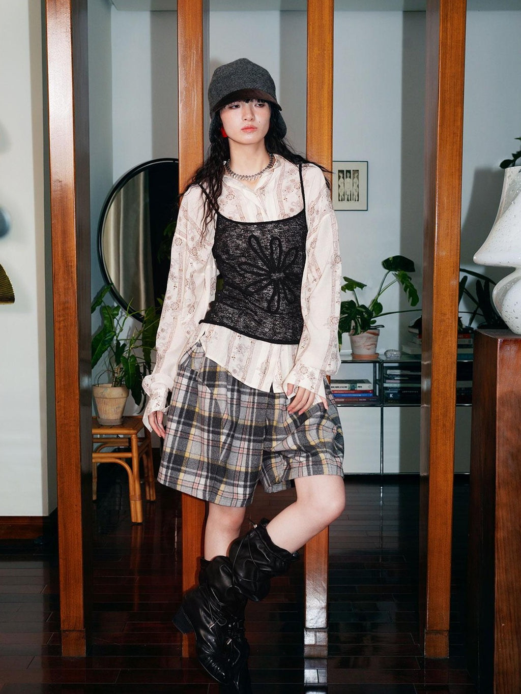 badtaste Vintage Printed Pleated Long Sleeve Semi Sheer Women's Oversized Shirts