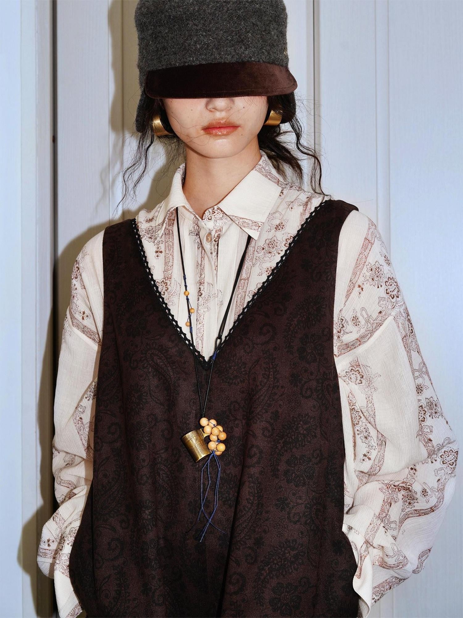 badtaste Vintage Printed Pleated Long Sleeve Semi Sheer Women's Oversized Shirts