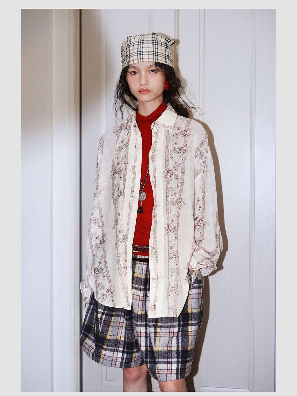 badtaste Vintage Printed Pleated Long Sleeve Semi Sheer Women's Oversized Shirts