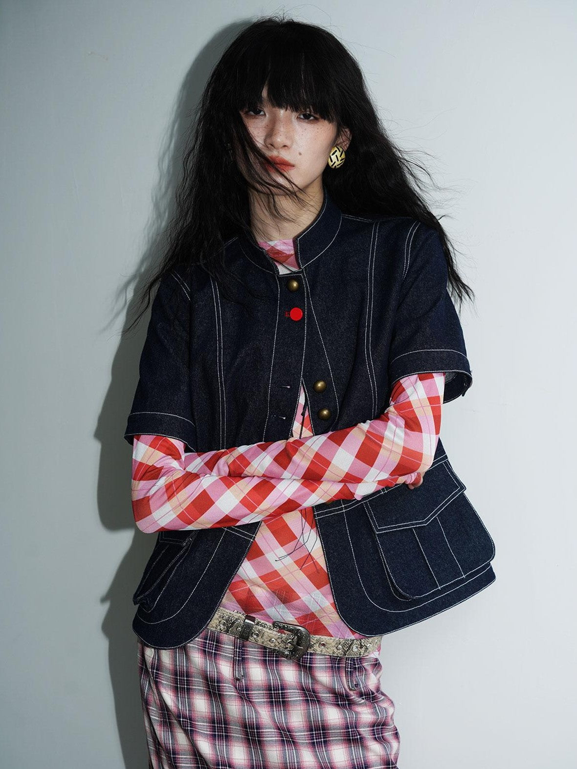 badtaste Vintage Stand Collar Panel Short Sleeve Slim Fit Women's Cotton Denim Jackets