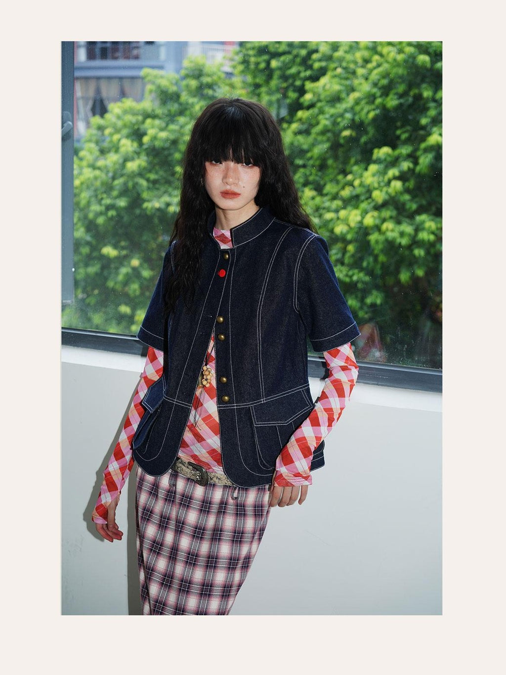 badtaste Vintage Stand Collar Panel Short Sleeve Slim Fit Women's Cotton Denim Jackets
