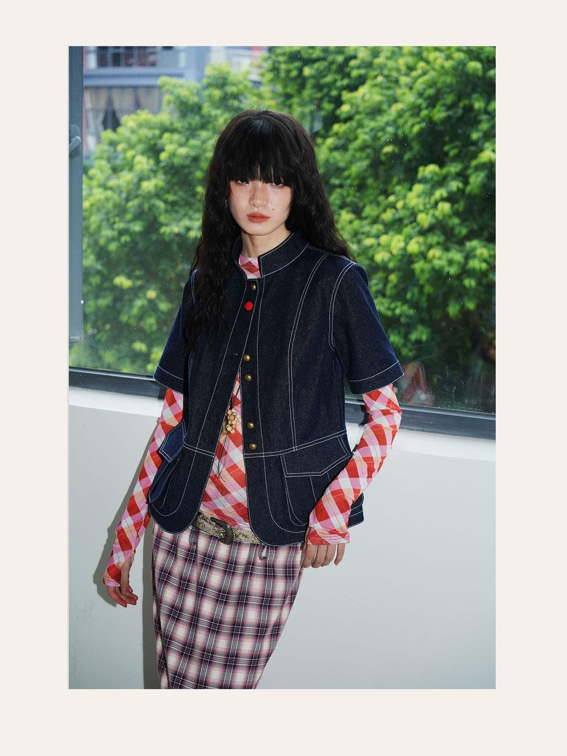 badtaste Vintage Stand Collar Panel Short Sleeve Slim Fit Women's Cotton Denim Jackets