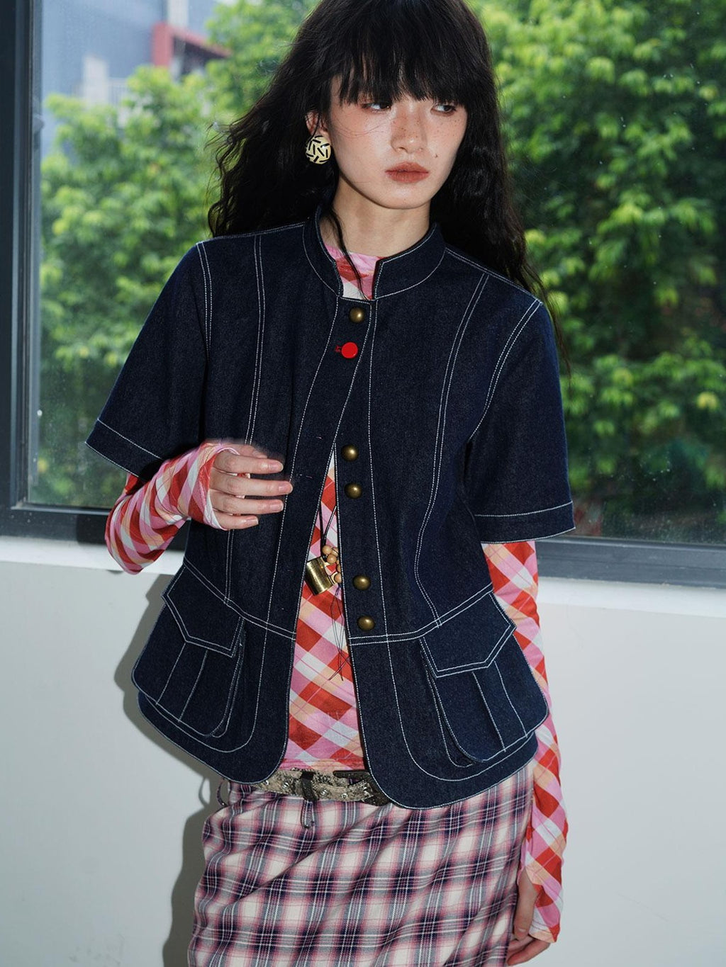 badtaste Vintage Stand Collar Panel Short Sleeve Slim Fit Women's Cotton Denim Jackets