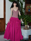 badtaste Vintage Striped Patchwork Faux Two Piece Women's Other Fabric Slip Maxi Dresses