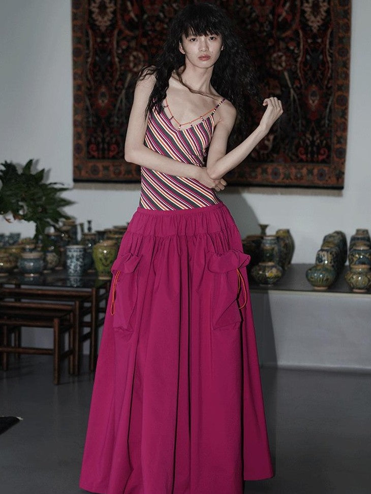 badtaste Vintage Striped Patchwork Faux Two Piece Women's Other Fabric Slip Maxi Dresses