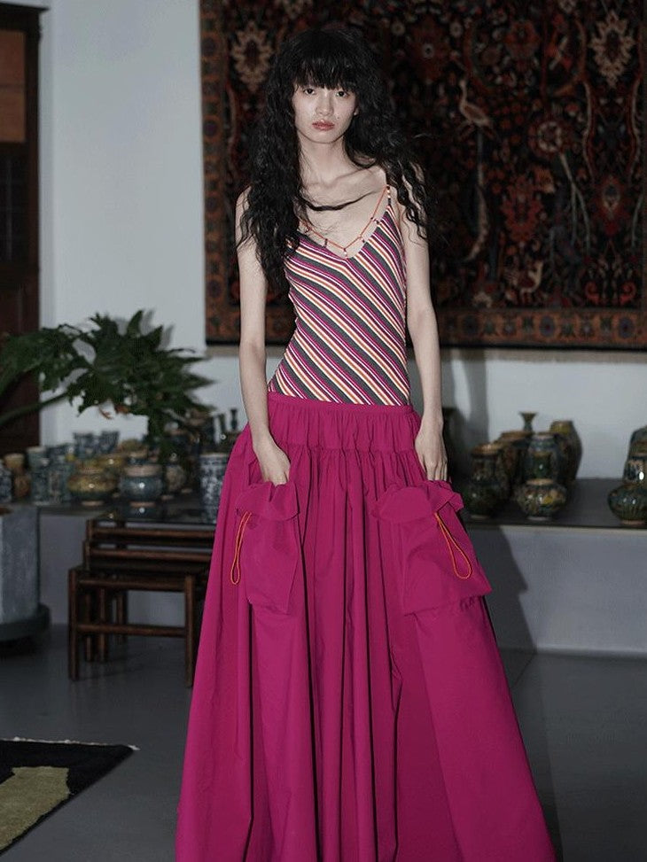 badtaste Vintage Striped Patchwork Faux Two Piece Women's Other Fabric Slip Maxi Dresses
