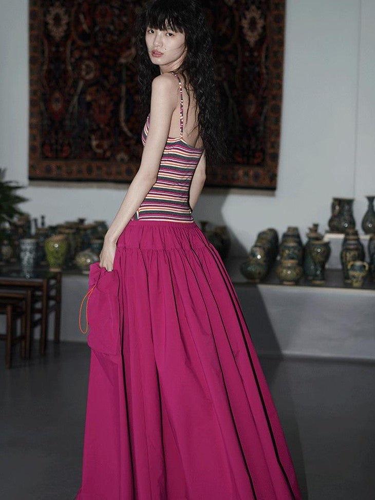 badtaste Vintage Striped Patchwork Faux Two Piece Women's Other Fabric Slip Maxi Dresses