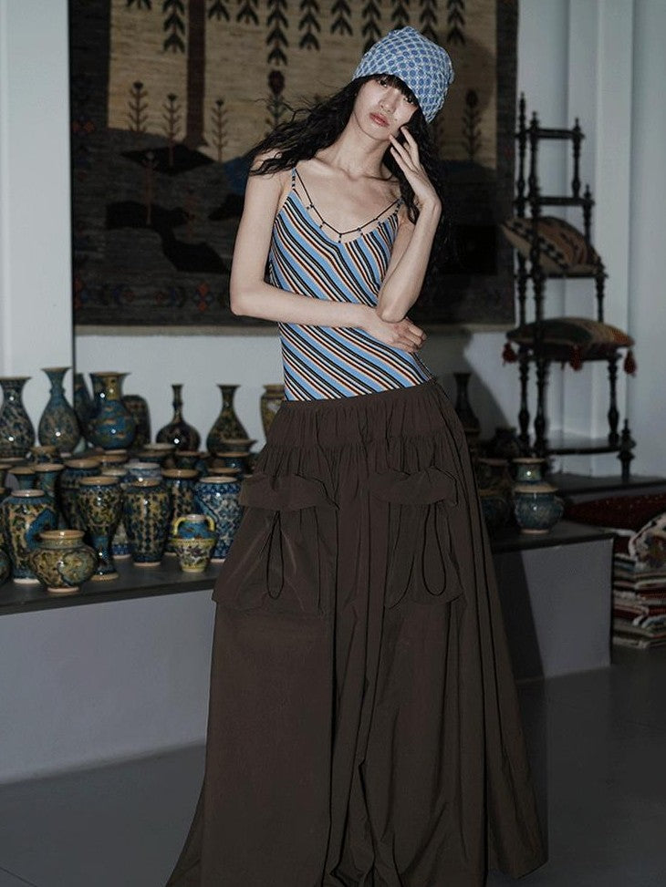 badtaste Vintage Striped Patchwork Faux Two Piece Women's Other Fabric Slip Maxi Dresses