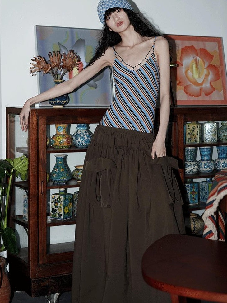 badtaste Vintage Striped Patchwork Faux Two Piece Women's Other Fabric Slip Maxi Dresses