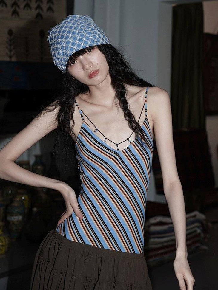 badtaste Vintage Striped Patchwork Faux Two Piece Women's Other Fabric Slip Maxi Dresses
