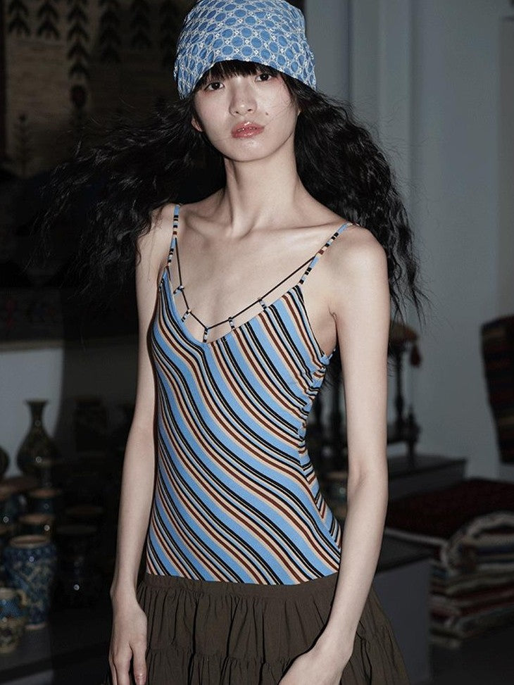 badtaste Vintage Striped Patchwork Faux Two Piece Women's Other Fabric Slip Maxi Dresses
